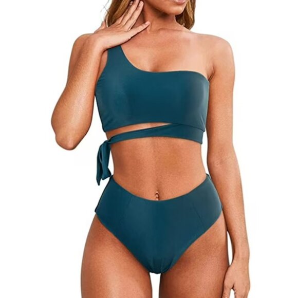 Women One Shoulder High Waisted Bikini Tie High Two Piece Swimsuits - Picture 1 of 7
